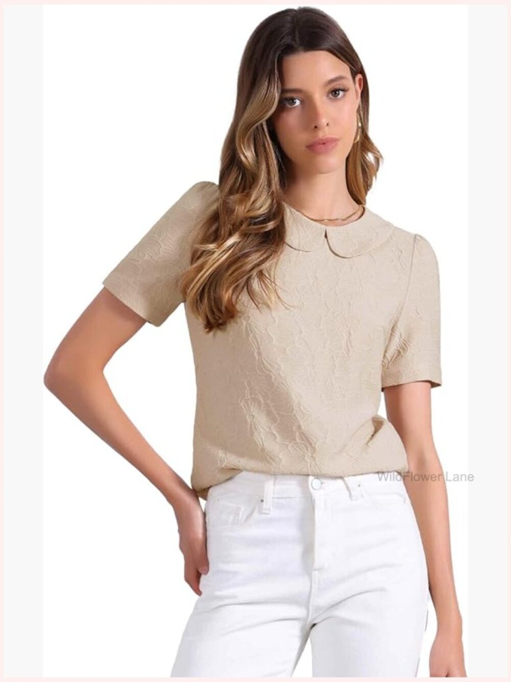 Peter Pan Collar Floral Jacquard Puff Short Sleeve Blouse